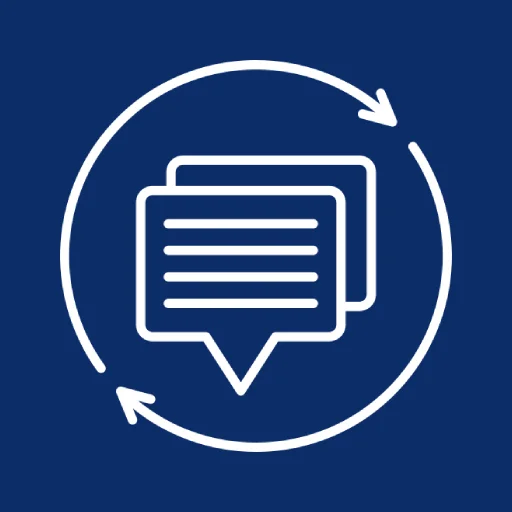 Grafik mit blauem Hintergrund und weißen Zeichnungen mit 2 Sprechblasen und Pfeilen drum herum, die bwTalent als Ansprechpartner symbolisieren.