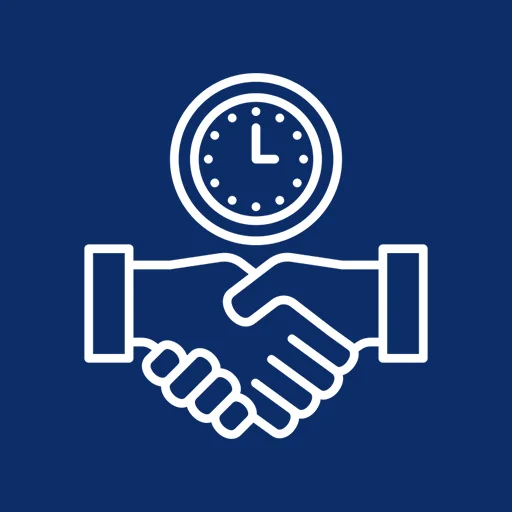 Grafik mit blauem Hintergrund und weißen Zeichnungen von zweit sich schüttelnden Händen und einer Uhr, was Langfristigkeit symbolisiert.