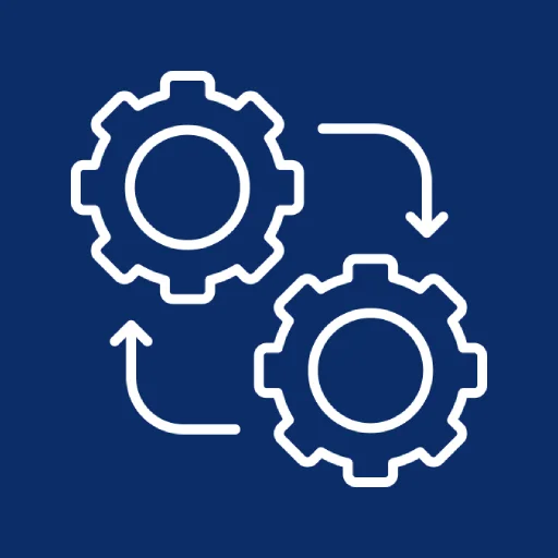 Grafik mit blauem Hintergrund und weißen Zeichnungen von 2 Zahnrädern, die den Wissenstransfer symbolisieren.