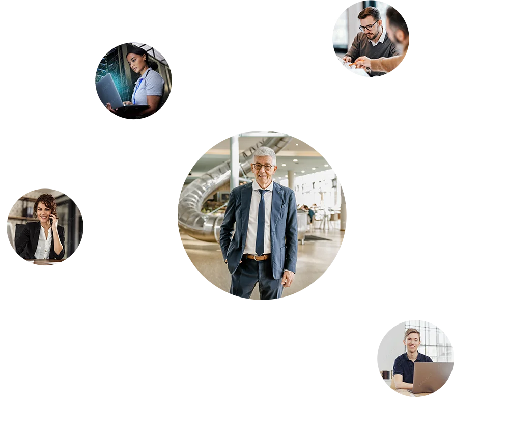 Grafik der Seite bwTalent aus Aachen mit Runden Kreis on unterschiedlichen Größen und transparentem Hintergrund. Es sind verschiedene Personen auf den Bildern zu sehen - Führungskräfte und Fachkräfte.