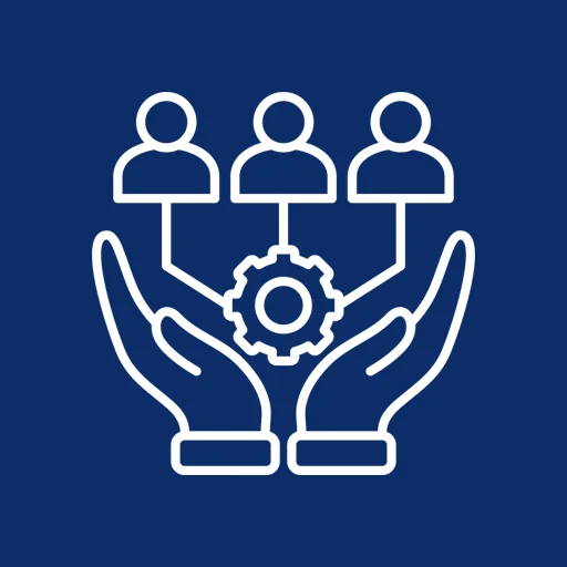 Grafik mit blauem Hintergrund und weißen Zeichnungen von 2 geöffneten Händen, einem Zahnrad und 3 Personen.