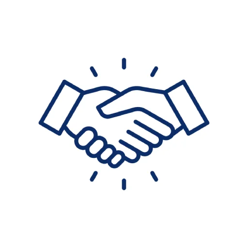 Icon in blau mit 2 schüttelnden Händen für gute Zusammenarbeit,