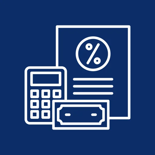 Grafik mit dunkelblauem Hintergrund und weißen Zeichnungen eines Taschenrechners und Geldscheinen.