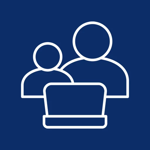 Grafik mit dunkelblauem Hintergrund und weißer Zeichnung von 2 Personen vor einem Laptop