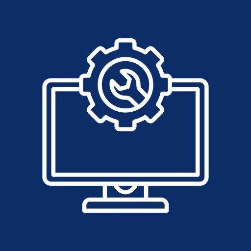 Grafik mit dunkelblauem Hintergrund und weißer Zeichnung eines Bildschirms und eines Zahnrads mit Zange.